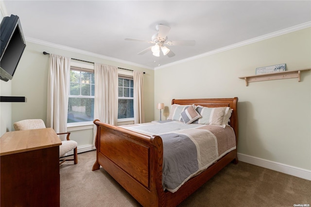 bedroom with carpet floors, ceiling fan, and crown molding