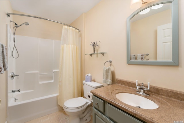 full bathroom featuring vanity, toilet, and shower / bathtub combination with curtain