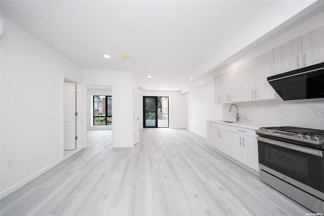 kitchen with stainless steel range, light hardwood / wood-style flooring, and sink