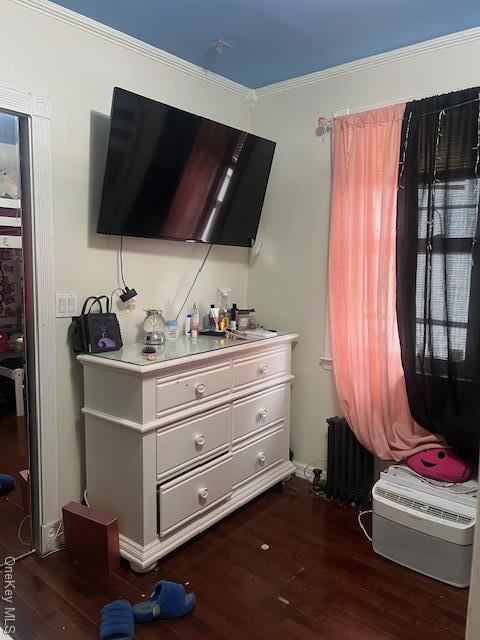 bedroom with dark wood-type flooring, radiator, and ornamental molding