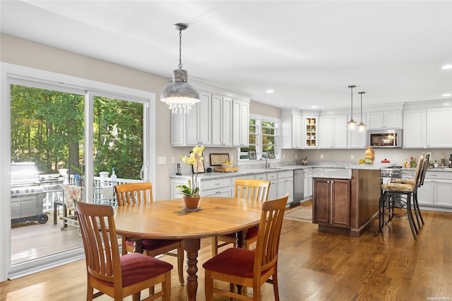 dining area with dark hardwood / wood-style flooring and sink