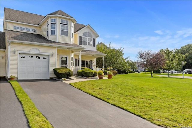 view of front of home with a garage and a front lawn