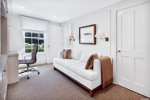 carpeted office with ornamental molding