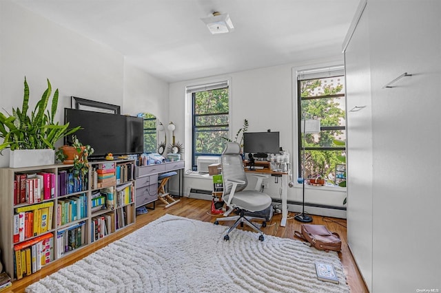 office area featuring a baseboard radiator, light hardwood / wood-style flooring, and a healthy amount of sunlight