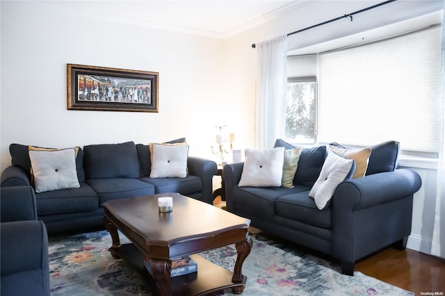 living room with dark hardwood / wood-style flooring and crown molding