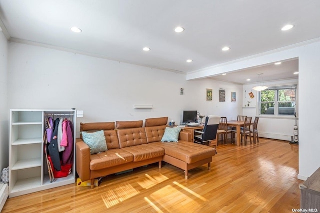 living room featuring wood-type flooring and crown molding