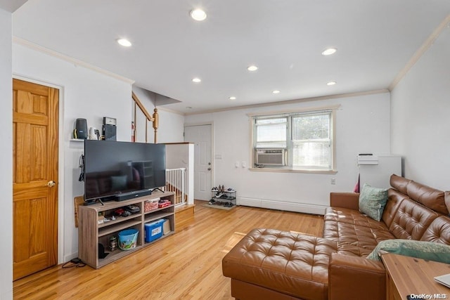 living room featuring crown molding, hardwood / wood-style floors, cooling unit, and a baseboard radiator