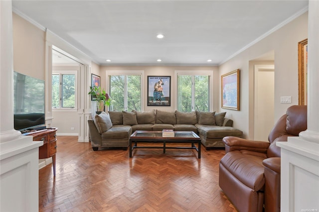 living room featuring crown molding and parquet flooring