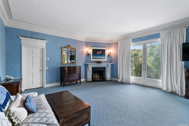 carpeted living room with a premium fireplace and ornamental molding