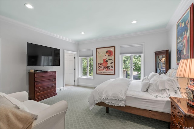 carpeted bedroom featuring ornamental molding