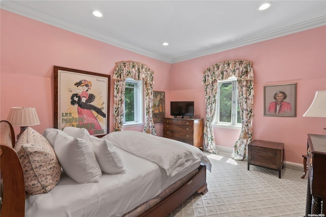 carpeted bedroom featuring crown molding