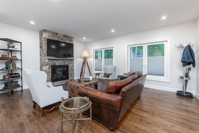 living room with a fireplace and dark hardwood / wood-style flooring