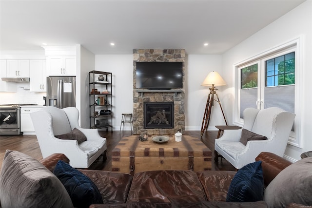 living room featuring a stone fireplace and dark wood-type flooring