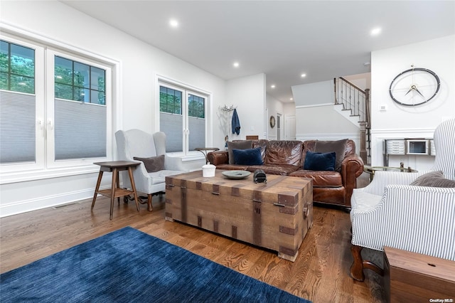 living room featuring dark hardwood / wood-style floors and a wealth of natural light