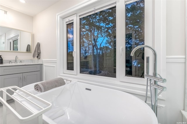 bathroom with a washtub and vanity