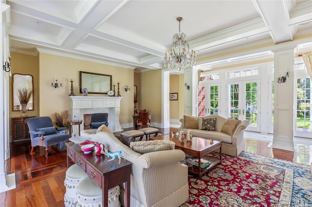 living room featuring coffered ceiling, crown molding, dark hardwood / wood-style floors, beamed ceiling, and a notable chandelier