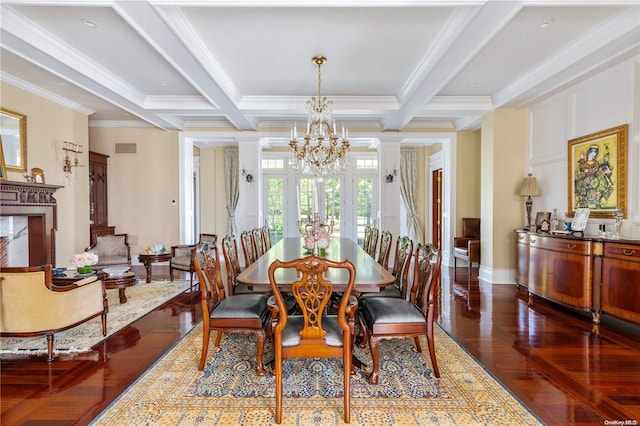 dining area with dark wood-type flooring, french doors, coffered ceiling, crown molding, and beam ceiling