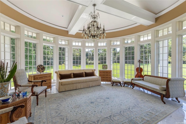 sunroom / solarium featuring plenty of natural light, beam ceiling, and an inviting chandelier