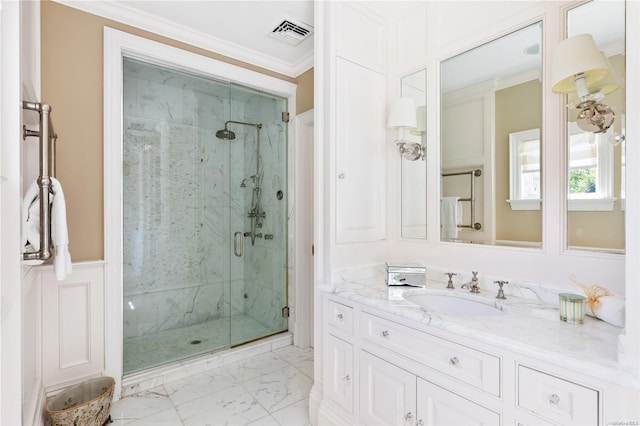 11 Dupont Ct, Brookville, NY 11548 - bathroom featuring a marble finish shower, marble finish flooring, vanity, and crown molding