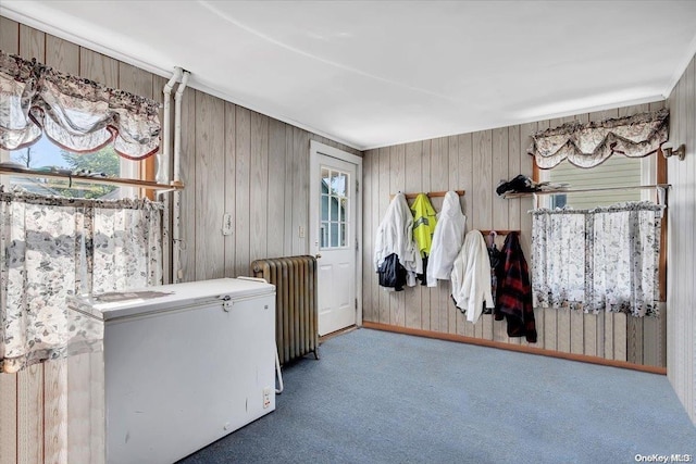 interior space with carpet flooring, radiator, and wood walls