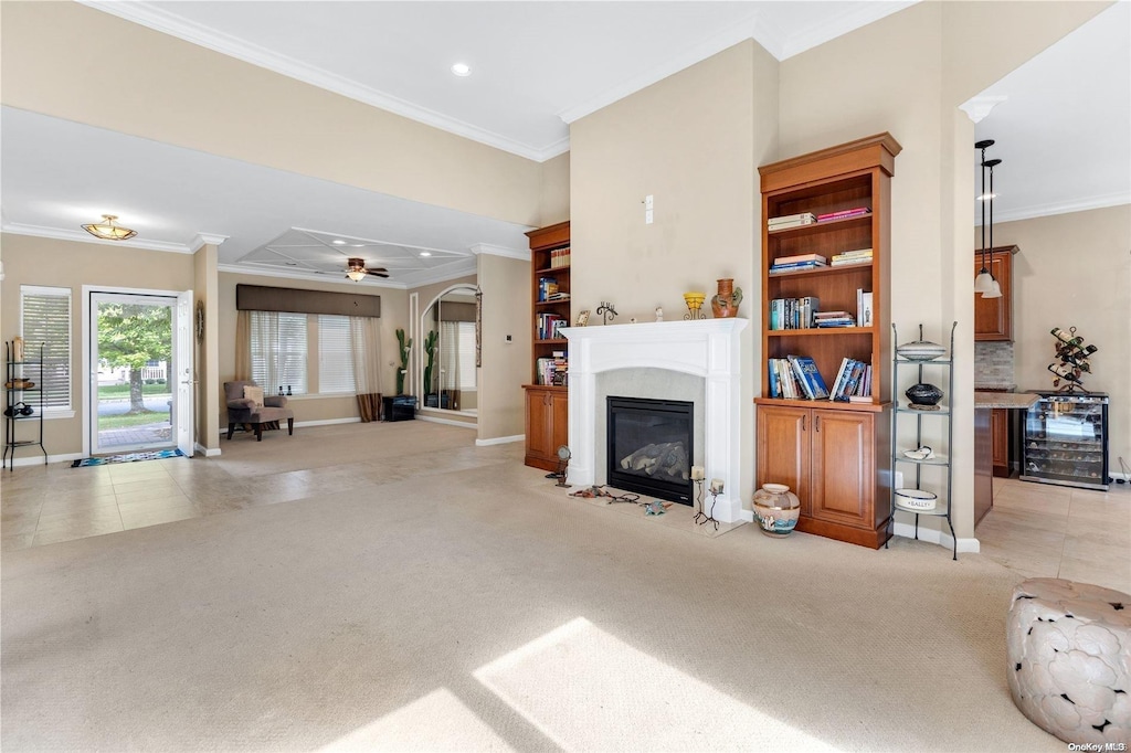 7 Country Woods Dr, Saint James, NY 11780 - carpeted living room with ceiling fan, ornamental molding, and beverage cooler