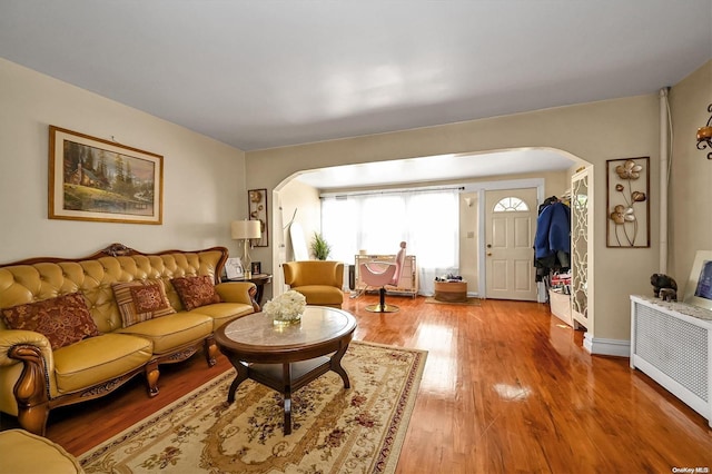 living room featuring radiator heating unit and hardwood / wood-style flooring