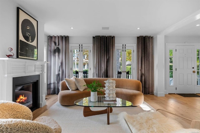 living room with french doors and light hardwood / wood-style floors