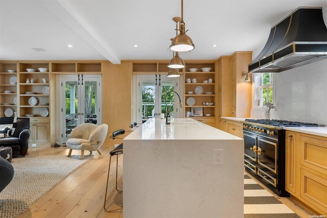 kitchen featuring light wood-type flooring, a kitchen island with sink, sink, double oven range, and range hood