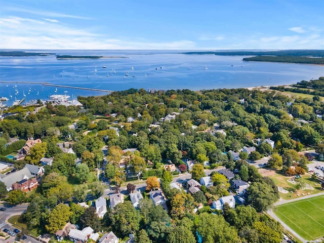 drone / aerial view featuring a water view