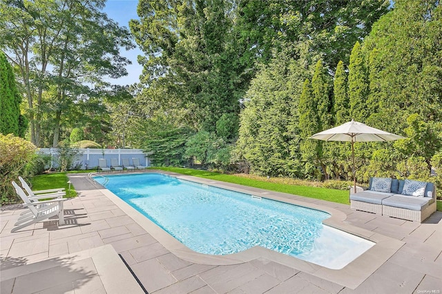 view of swimming pool featuring a patio area