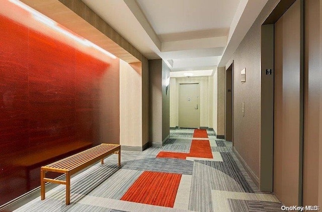 hall featuring carpet flooring and elevator