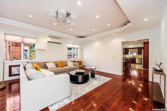 living room with a raised ceiling, dark hardwood / wood-style flooring, crown molding, and a wall mounted AC