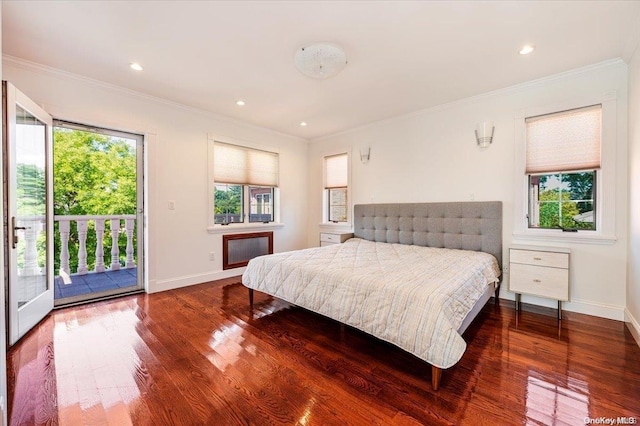 bedroom featuring wood-type flooring, access to outside, and ornamental molding