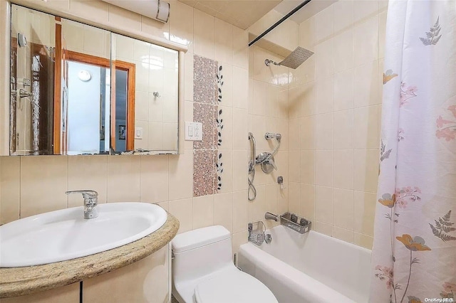 full bathroom featuring shower / bath combo, backsplash, sink, tile walls, and toilet