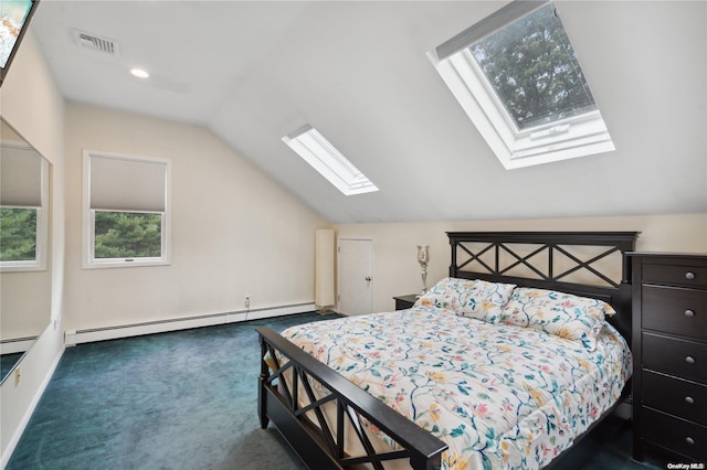 carpeted bedroom featuring lofted ceiling with skylight and a baseboard radiator