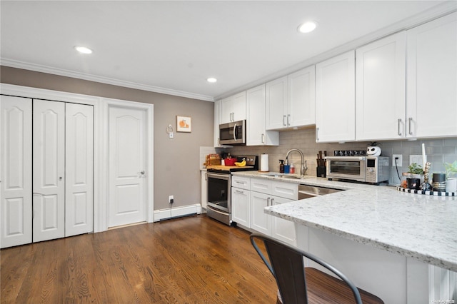 kitchen with light stone counters, stainless steel appliances, sink, white cabinets, and dark hardwood / wood-style floors