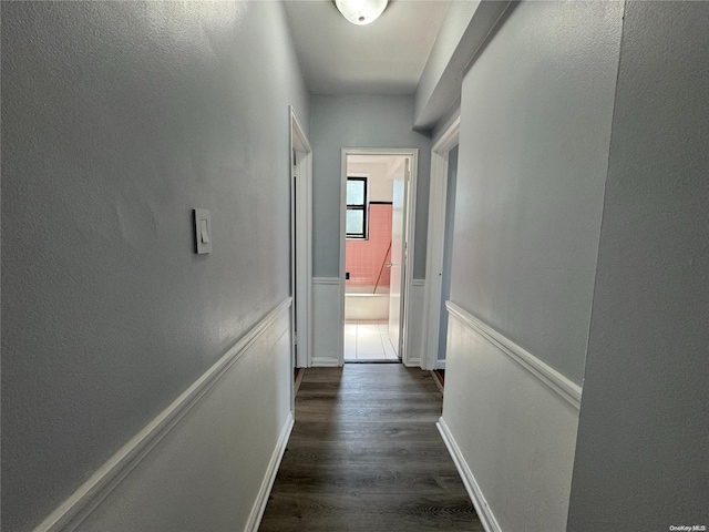 hallway with dark hardwood / wood-style flooring