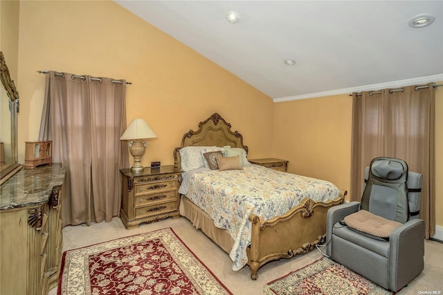 carpeted bedroom with crown molding