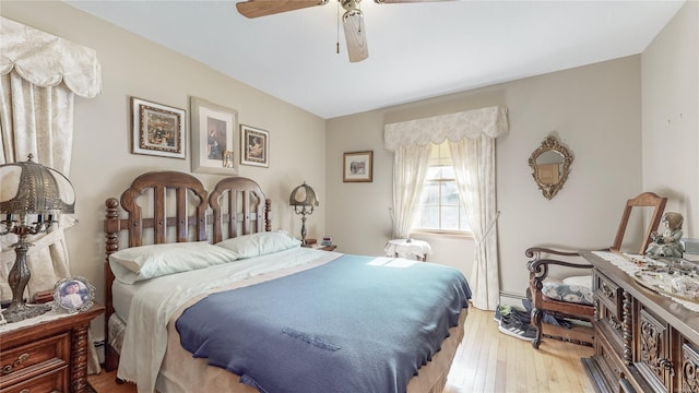 bedroom with ceiling fan and light hardwood / wood-style flooring