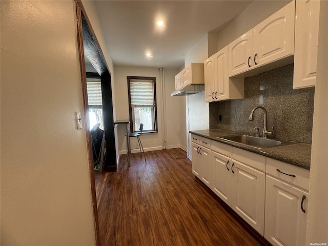 kitchen featuring white cabinets, backsplash, dark hardwood / wood-style flooring, and sink