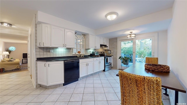 kitchen featuring electric range, backsplash, white cabinets, and black dishwasher