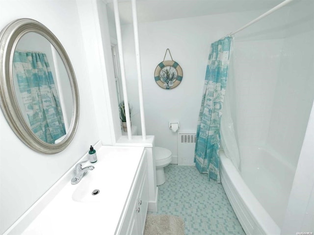 full bathroom featuring vanity, shower / bathtub combination with curtain, toilet, and radiator