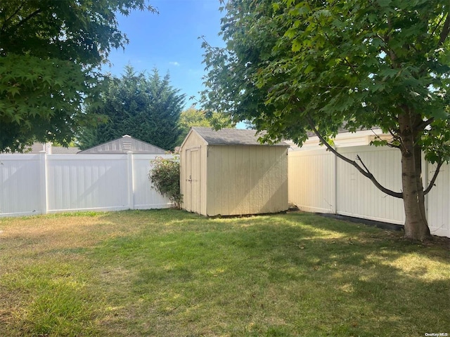 view of yard featuring a storage unit