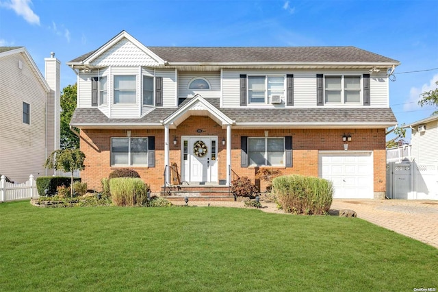 view of front of house with a garage and a front lawn