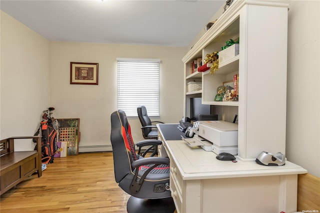 office area featuring light wood-type flooring and baseboard heating