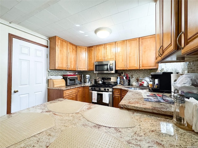 kitchen featuring decorative backsplash, light stone countertops, sink, and appliances with stainless steel finishes