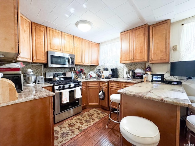 kitchen featuring a kitchen breakfast bar, kitchen peninsula, a wealth of natural light, and stainless steel appliances