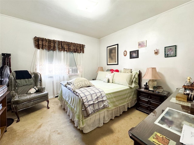 bedroom with light colored carpet and ornamental molding