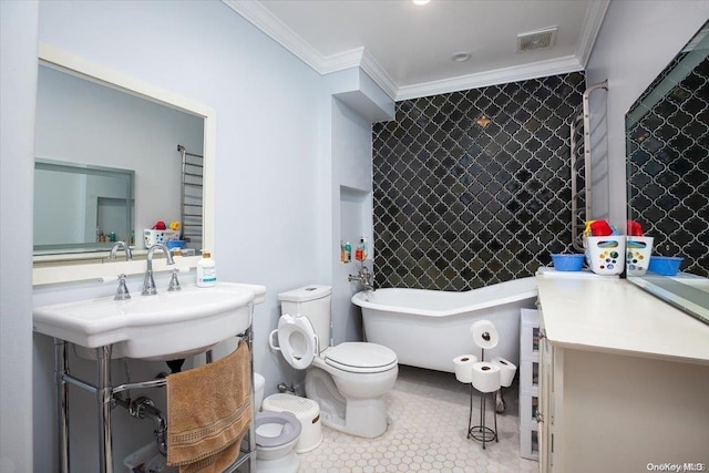 bathroom with a tub to relax in, tile patterned floors, crown molding, toilet, and tile walls