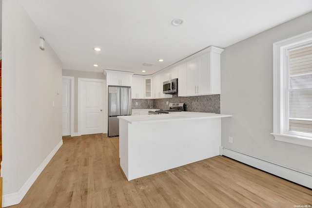 kitchen featuring white cabinets, a baseboard radiator, light hardwood / wood-style floors, kitchen peninsula, and stainless steel appliances